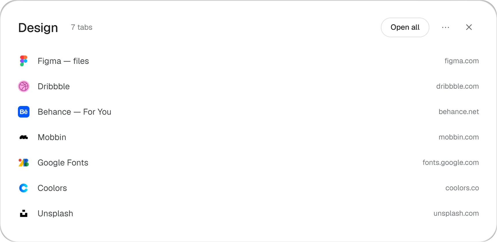 An opened folder called Design, listing its seven saved tabs with their icons and sites