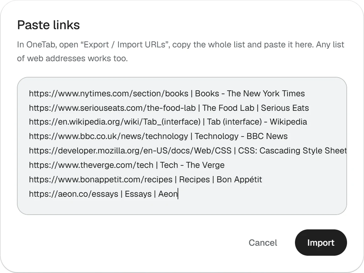 Foldaway's Paste links box, holding a list of links copied from OneTab