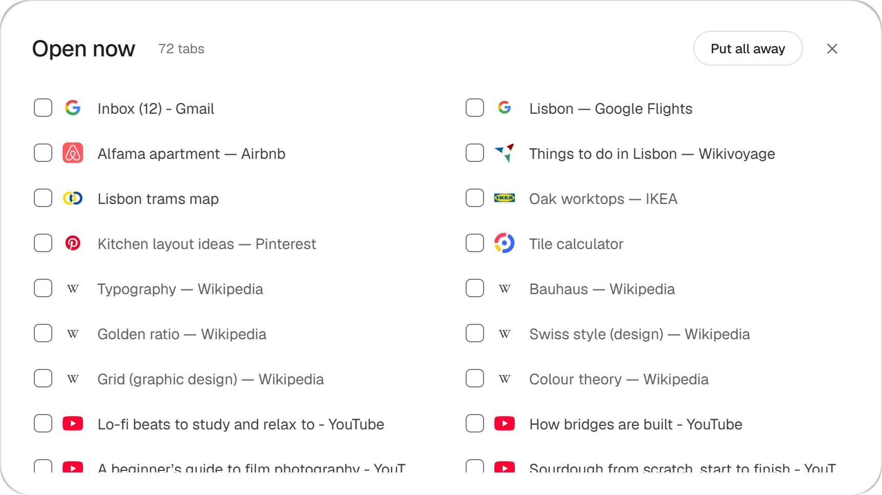 The Open now folder, listing the open tabs, each with a tick box, and a Put all away button