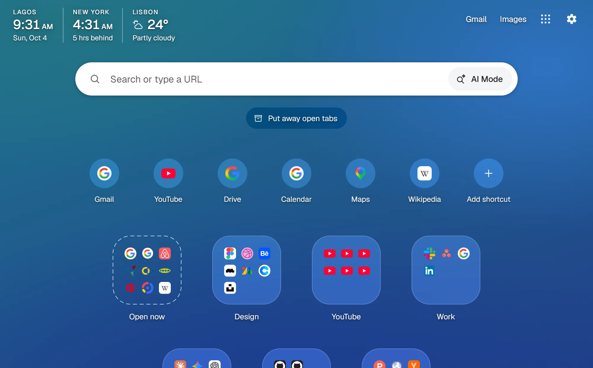 Foldaway on a blue background, with two clocks and the weather in the top left corner